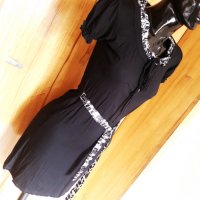 Черна къса еластична рокля с черно-бели връзки и яка С, снимка 2 - Рокли - 32888702