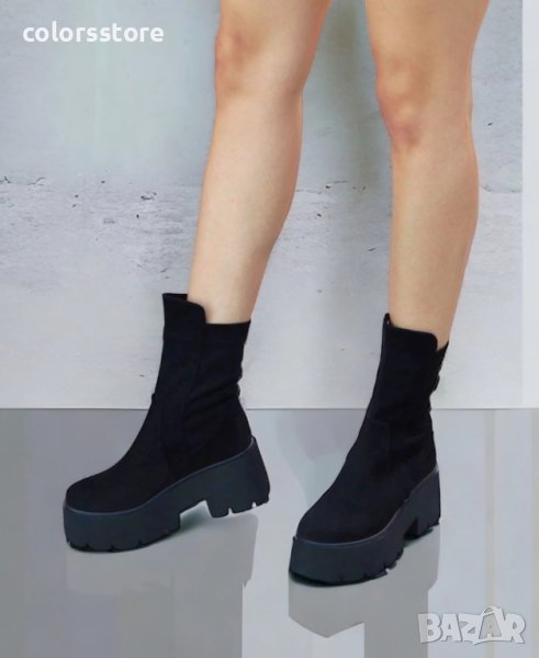 Боти на платформа - черен велур - BTL90, снимка 1