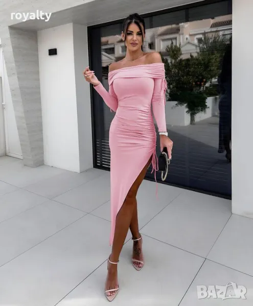 Розова рокля с паднали рамене и цепка, снимка 1