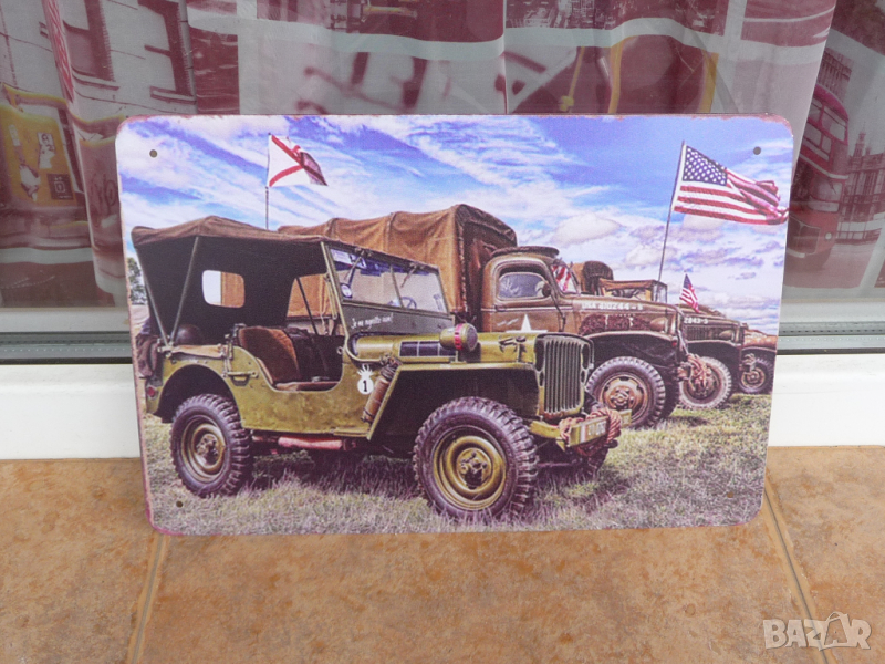 Метална табела кола военен джип камион знаме война войници, снимка 1