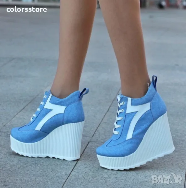 Кецове на платформа - син деним с бяла лента - NO4, снимка 1