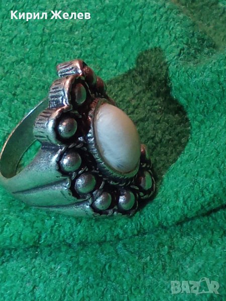 ДЪЛБОКО ПОСРЕБРЕН АРТ ДЕКО СКЪПОЦЕНЕН МЕДЕН ПРЪСТЕН с ПОЛИРАН БЯЛ АХАТ 38911, снимка 1