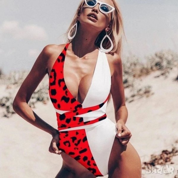 Цял червен бански с връзки около талията , снимка 1