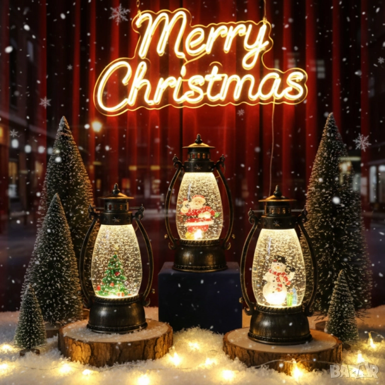 Ретро LED коледен фенер с падащ сняг , снимка 1