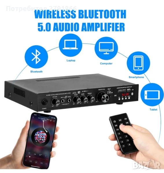 5.1-канален HIFI усилвател,висока мощност,домашно кино,Bluetooth,радио НОВ, снимка 1