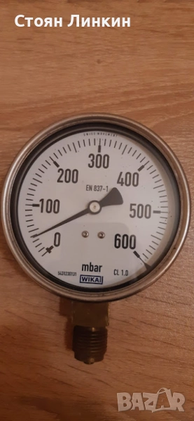 манометър 0-600 милибара Ф-100 WIKA CL 1.0 Монтиран един път за калиброване на газова система. , снимка 1
