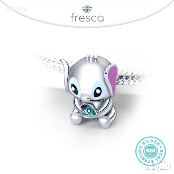 Ново! Талисман Fresca по модел тип Пандора Pandora сребро 925 Disney Stitch with Fish, снимка 1