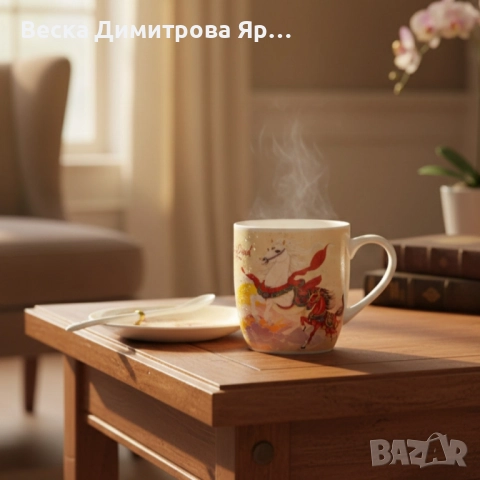 Подаръчен късметлийски порцеланов комплект – чаша, чинийка и лъжичка с празничен дизайн на коне, снимка 3 - Коледни подаръци - 52587317