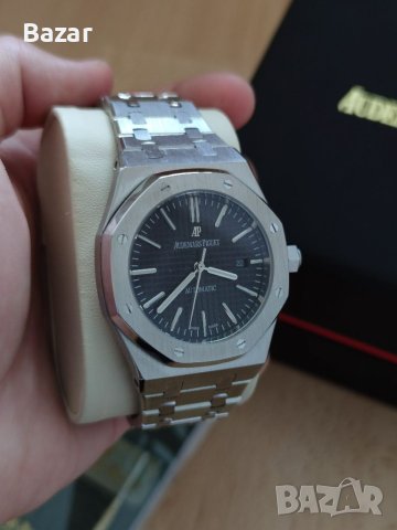 Нов Мъжки Часовник AP Audemars Piguet Сребрист с Черно Лице Механичен Автоматичен Самонавиващ, снимка 2 - Луксозни - 40840179