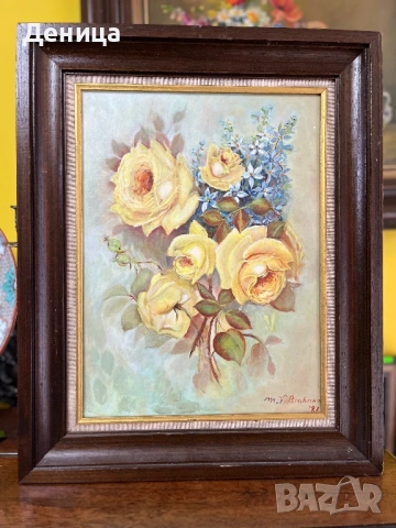 Слънчеви рози и нежни сини звездички  Рисувана върху платно, което е изпънато с фазер и защитено  , снимка 2 - Картини - 53490289