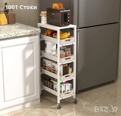 Слим Портативна Желязна Етажерка с Дървен Плот , Подвижни Чекмеджета Масивна Качествена Мебел , снимка 1