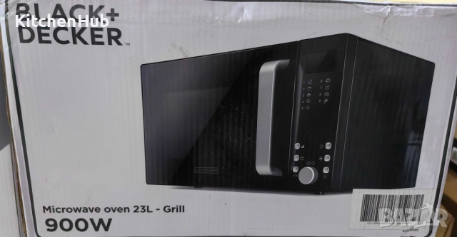 Микровълнова с грил Black+Decker – 23L, 900W, 9 автоматични програми и детска защита , снимка 7 - Микровълнови - 52383082