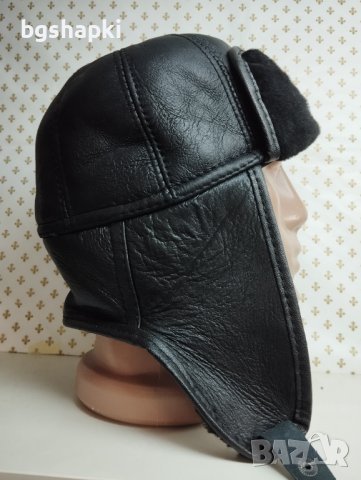 Телешка кожена ушанка, мъжка черна шапка мтш - 76, снимка 2 - Шапки - 43327080