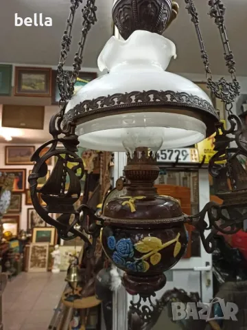 Стар масивен антикварен  полилей ,рисувана керамика ,рисувано стъкло,газено шише,действащ, снимка 12 - Антикварни и старинни предмети - 48766750