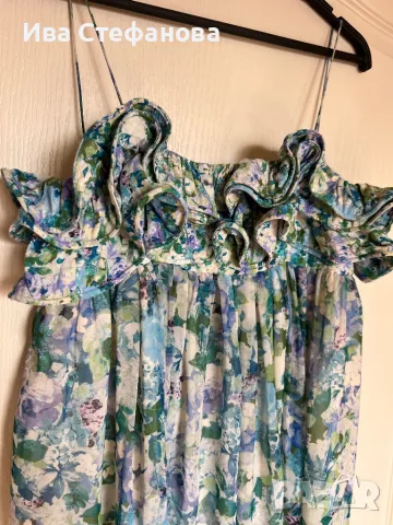 Ефирна кукленска дълга нова  синьо зелена рокля флорален принт цветя висока талия Mango MNG Манго , снимка 5 - Рокли - 47261737