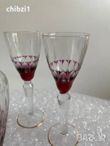 ⚜️Ретро комплект от калиево стъкло, ръчна гравюра, златен кант, цветно, снимка 2 - Сервизи - 53535779