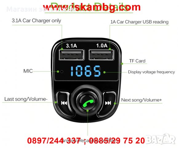 Bluetooth FM Handsfree Transmitter Блутут Трансмитер за кола зарядно, снимка 14 - Аксесоари и консумативи - 28402777