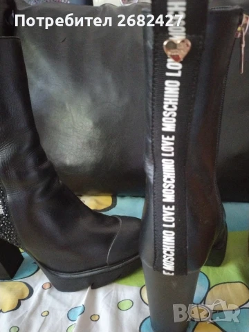 Love Moschino Кожени боти с гумиран връх, Черен, снимка 3 - Дамски боти - 51307488