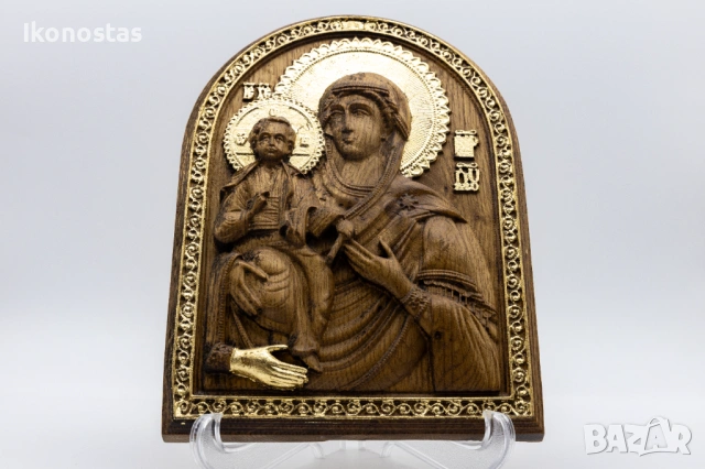Позлатена релефна икона на Дева Мария Троеручица с варак, снимка 4 - Икони - 53223221