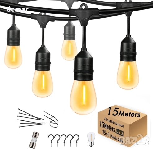 Yuhoolamp Външни 15-метрови водоустойчиви гирлянди с 15+1 нечупливи крушки S14