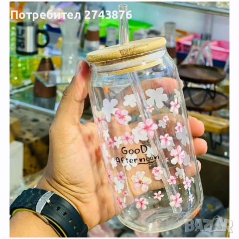 Коктейлно бурканче със стъклена сламка , бамбуков капак,Огнеупорно стъкло - 500 мл., пролетни цветя, снимка 2 - Чаши - 46971716