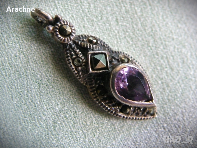 Сребърен медальон с аметист и марказити, снимка 2 - Колиета, медальони, синджири - 44213169