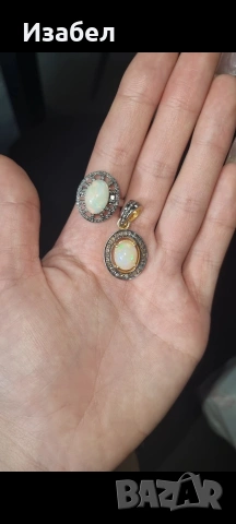 Висулка и пръстен с опал и диаманти, снимка 3 - Бижутерийни комплекти - 53367965