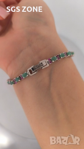 Ръчно изработена сребърна гривна със зелен СМАРАГД и Рубини , снимка 7 - Гривни - 52605672