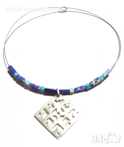 Ново! Сребърно колие шевица проба 950 с естествени камъни