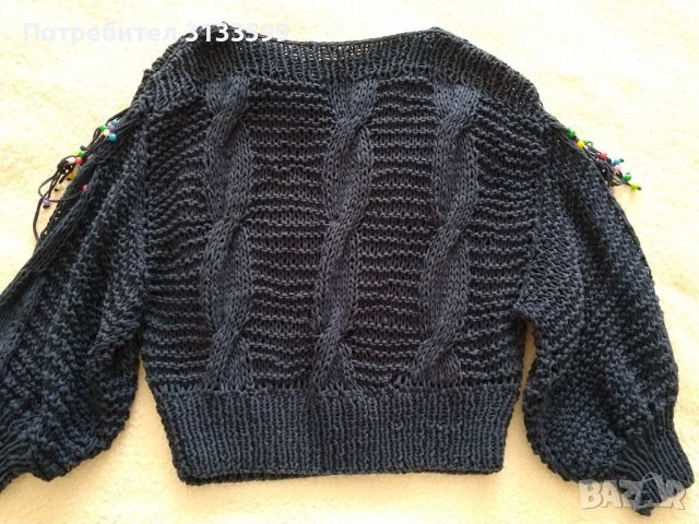Тъмносиня ръчно плетена блуза от памучна прежда с цветни топчета , снимка 4 - Блузи с дълъг ръкав и пуловери - 37237213
