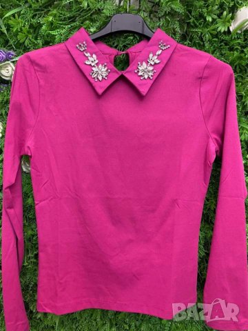 Нов модел ! Блузка трико с яка ,декорирана с нежни камъчета , снимка 8 - Блузи с дълъг ръкав и пуловери - 42326455