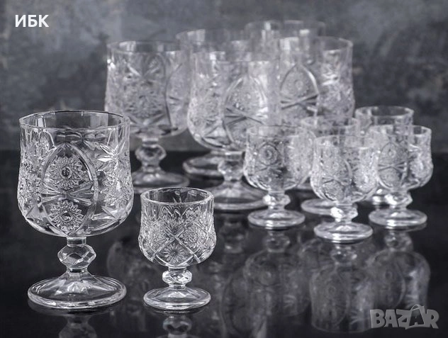 Нови! Комплект кристални чаши за вино и уиски или ракия, снимка 2 - Сервизи - 53497942