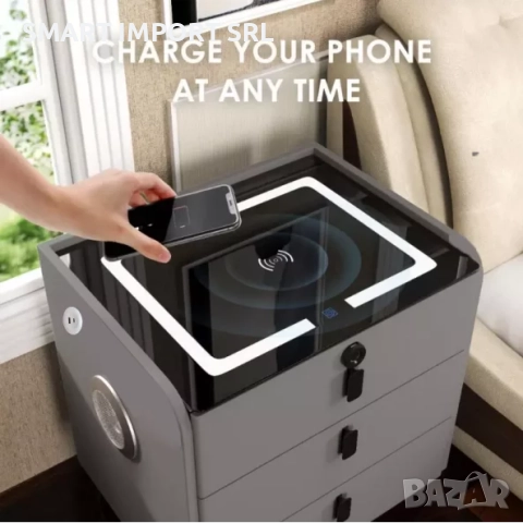 Интелигентно нощно шкафче Smart Heater, USB и Type-C порт, Bluetooth, сив, снимка 3 - Шкафове - 51999814