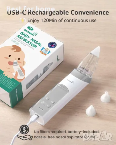 GROWNSY Бебешки електрически назален аспиратор с музика и  светлина, снимка 7 - Хигиенни препарати - 50378172