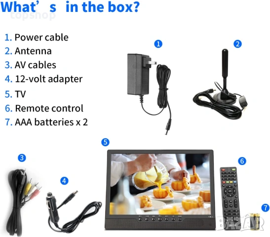 Преносим телевизор KCR, Freeview DVB-T2 12V, акумулаторна батерия, USB порт, жак за слушалки, дистан, снимка 5 - Телевизори - 53167938