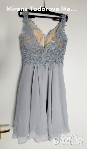 Абитуриентскa рокля. А-силует къса мини шифонова рокля за завръщане с V-образно деколте и мъниста. E, снимка 6 - Рокли - 36671584