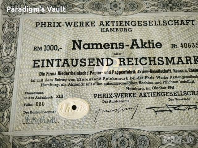 Акция | 1000 райх марки | Phrix-Werke AG Hamburg | 1941г., снимка 2 - Други ценни предмети - 43802535