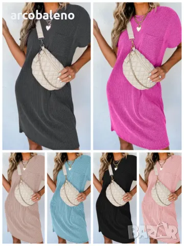 Ежедневна дамска рокля с джоб с къси ръкави и контрастни вълнообразни райета, 8цвята 