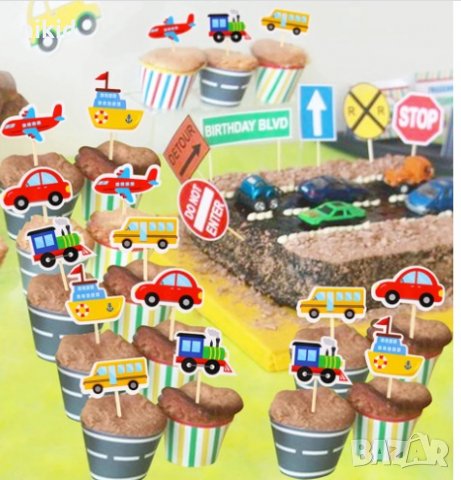 10 бр Превозни средства самолет кола автомобил автобус кораб влак топери украса за мъфини кексчета , снимка 3 - Други - 32794049