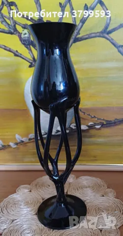 Полски черен свещник ръчно духано стъкло, снимка 2 - Антикварни и старинни предмети - 48916483