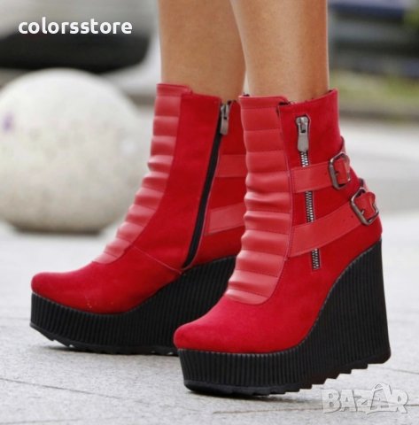 Боти на платформа - червен велур - B2001, снимка 3 - Дамски боти - 38454631