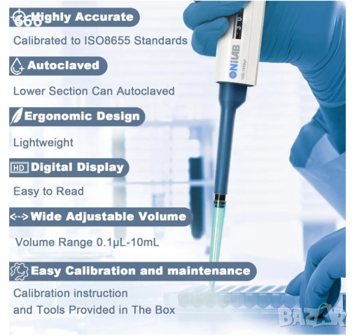 Регулируема пипета ONiLAB 0.5-10μl, снимка 4 - Друга електроника - 52869073