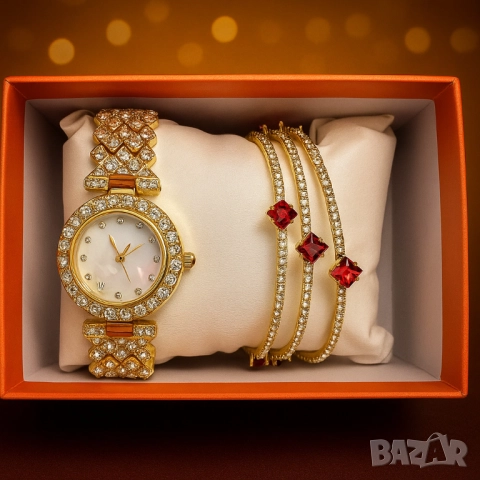 Готов сет за елегантност: кварцов часовник + 3 гривни с червени акценти, снимка 6 - Бижутерийни комплекти - 51967809