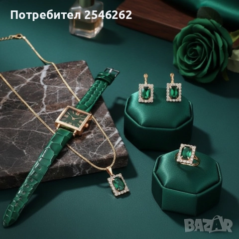 Елегантен комплект часовник и бижута с зелени кристали и златист корпус, снимка 2 - Бижутерийни комплекти - 52904438