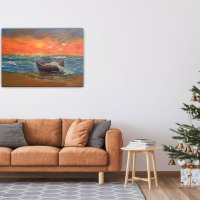 Морски залез лодка и чайки маслена картина , снимка 3 - Картини - 36380217