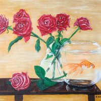 Златна рибка и червени рози маслена картина, снимка 1 - Картини - 33393086