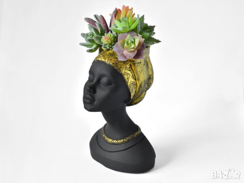 Саксия матово черно лице със златен тюрбан / Подарък саксия за дом / Саксия африканска статуя, снимка 1