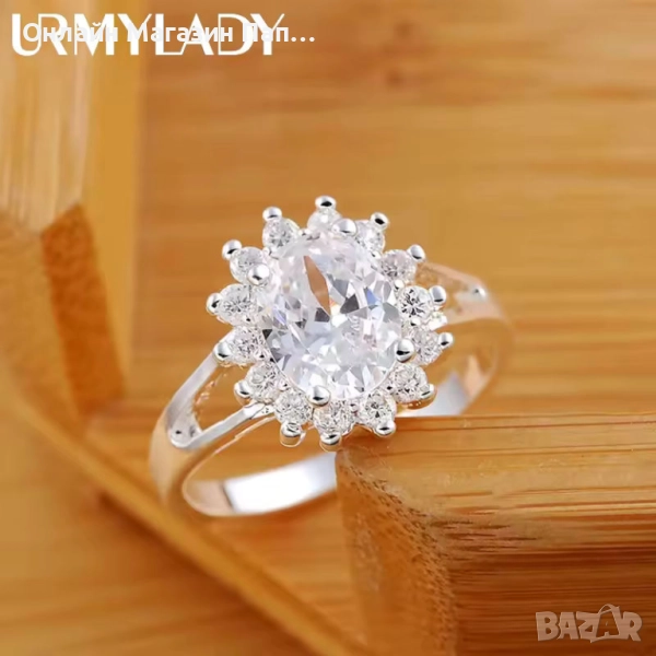 Дамски пръстен URMYLADY 925 сребро с цвете и кристал, снимка 1