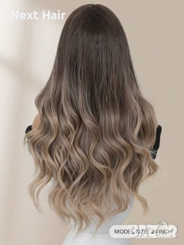 Чуплива омбре перука 65 см, кафяво към пепеляво русо със светъл бретон, снимка 3 - Аксесоари за коса - 52897484