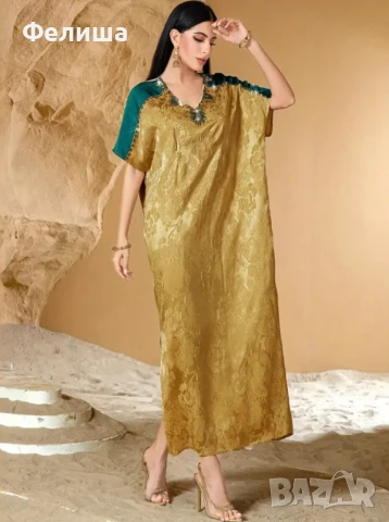 Лимитирана Арабска Жакард Златна Рокля с Инкрустирани Зелени Изумрудени Камъчета и Блестящи Мъниста, снимка 6 - Рокли - 51006223